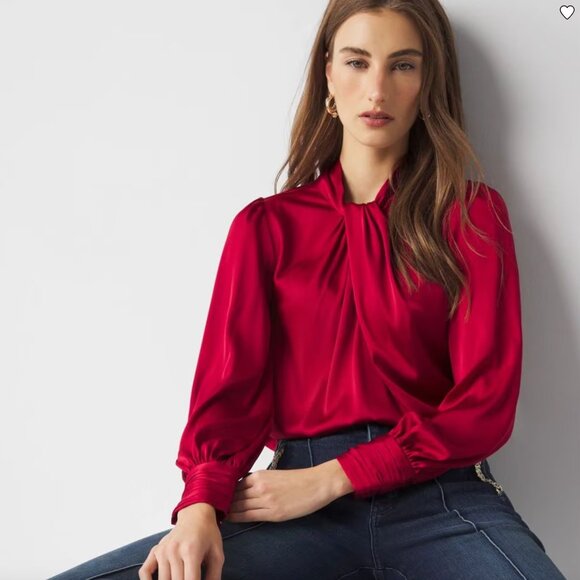 White House Black Market Tops - NWT White House Black Market | Long Sleeve Twisted Neck Red Satin Blouse Size 8